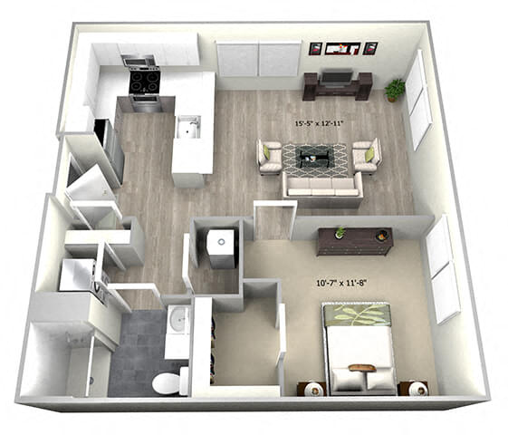Floor plan for 1 bed, 1 bath, 630 sqft